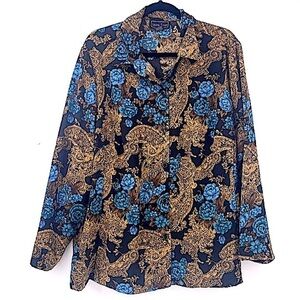Vintage blue rose women’s blouse button up 22 W